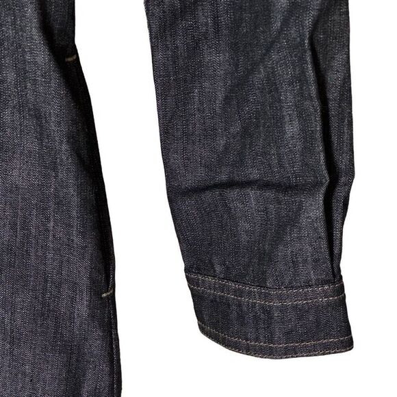 Boden Denim Shirt Dress in Black Wash Red Velvet Trim Half Button Front 8R - Picture 11 of 13